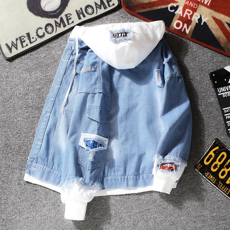 Thumbnail: Men's Layered Hooded Denim Jacket with casual streetwear design and comfortable hooded style