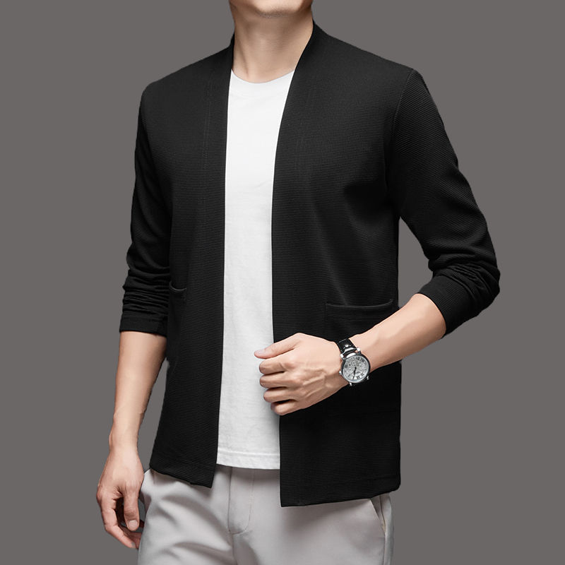 Thumbnail: Grid Ease Open-Front Cardigan Jacket with textured knit fabric, open front, and front patch pockets