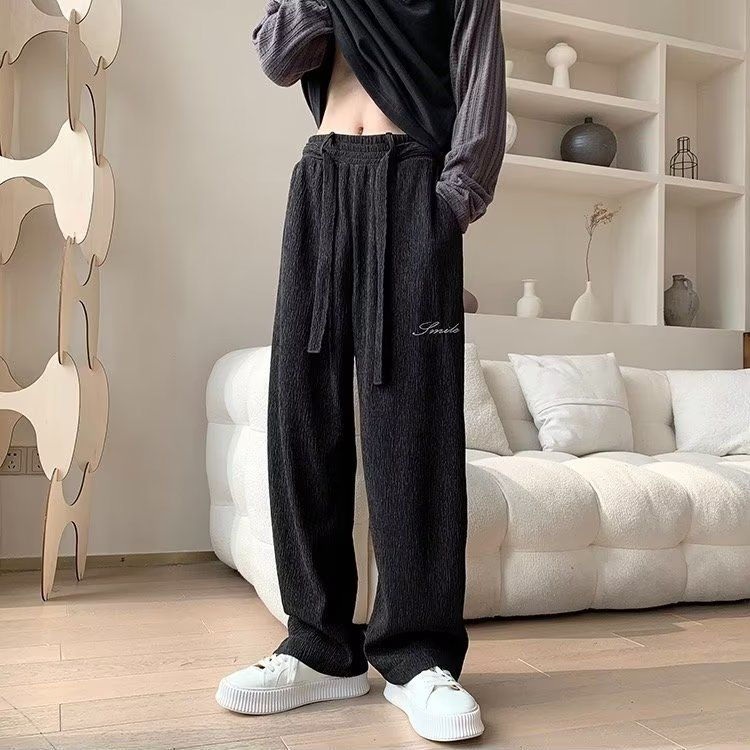 Thumbnail: Crinkle Texture Wide-Leg Drawstring Pants with relaxed fit, elastic waistband, and adjustable drawstring