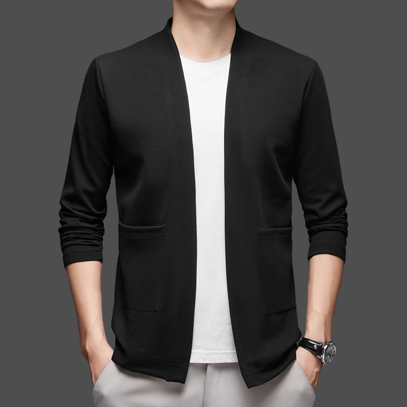 Thumbnail: Grid Ease Open-Front Cardigan Jacket with textured knit fabric, open front, and front patch pockets