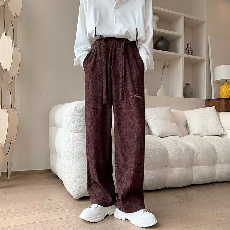 Thumbnail: Crinkle Texture Wide-Leg Drawstring Pants with relaxed fit, elastic waistband, and adjustable drawstring