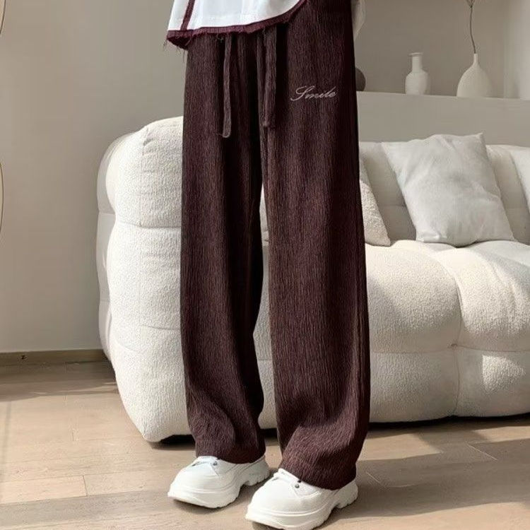 Thumbnail: Crinkle Texture Wide-Leg Drawstring Pants with relaxed fit, elastic waistband, and adjustable drawstring