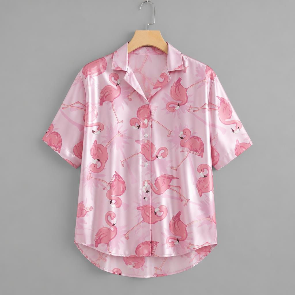 Tropical Flamingo And Nature Print Short Sleeve Shirt