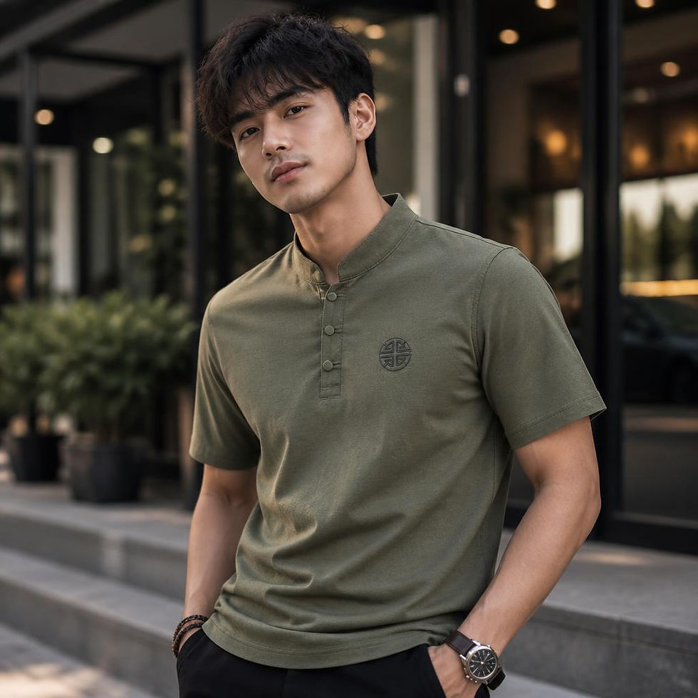 Thumbnail: Mandarin Slub Henley Collar Casual T-Shirt with modern stand collar and comfortable fit