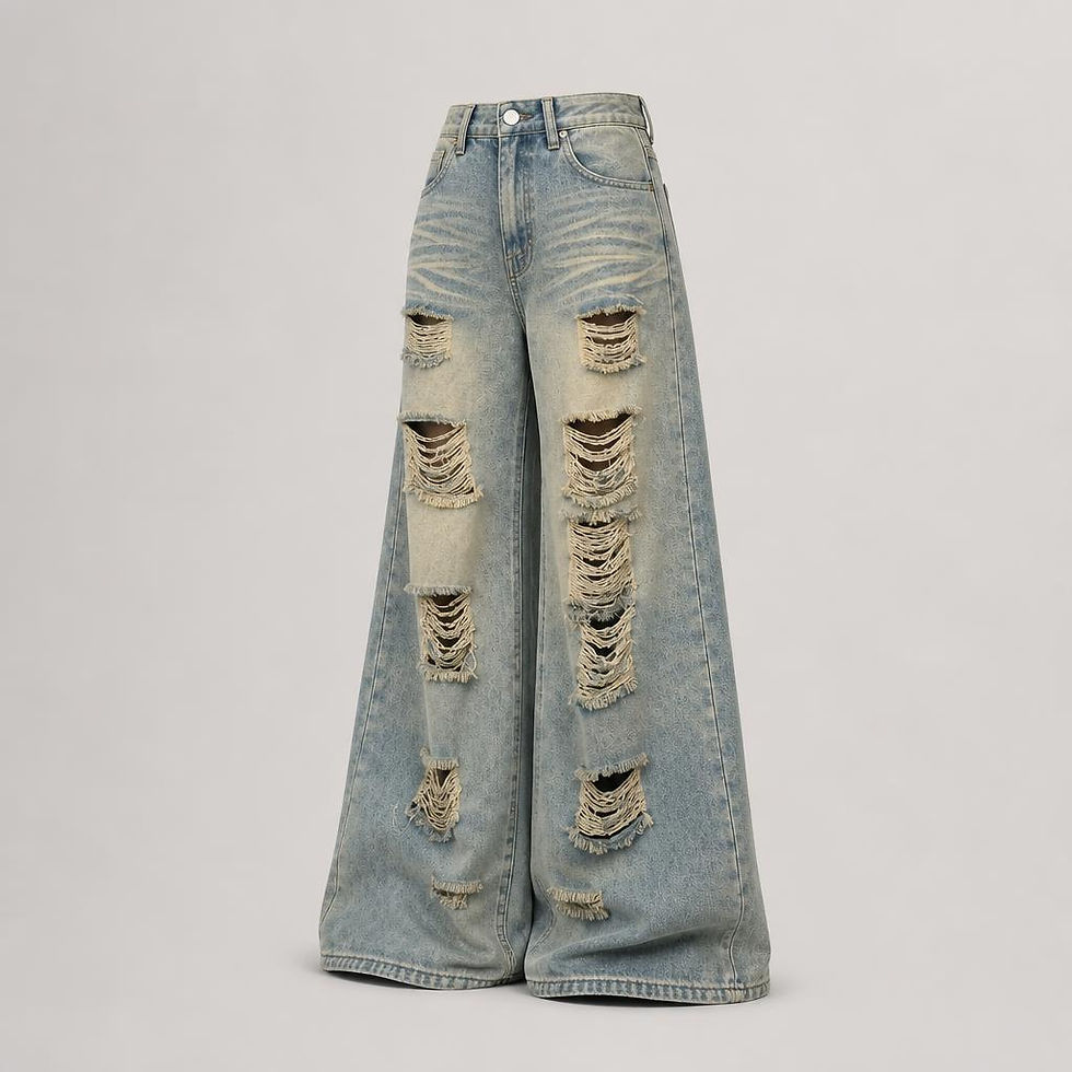 Chaos Rip Wide-Leg Denim Jeans with distressed ripped detailing, oversized fit, and vintage light-wash denim
