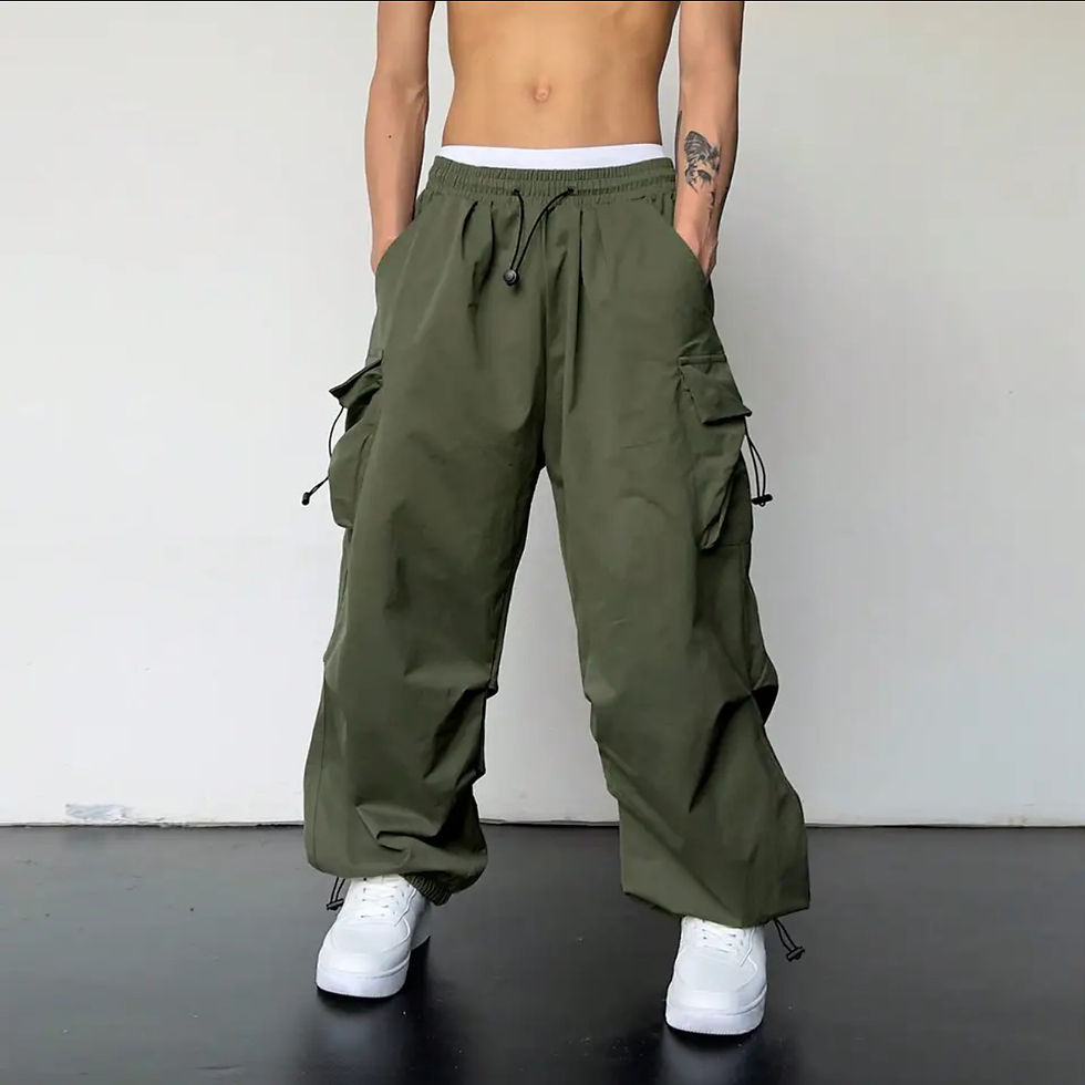 Thumbnail: VoidCore Parachute Cargo Pants with utility flap pockets, adjustable drawstring cuffs, and relaxed oversized fit