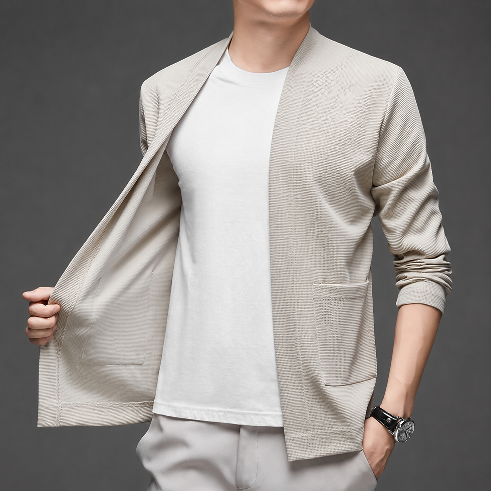 Thumbnail: Grid Ease Open-Front Cardigan Jacket with textured knit fabric, open front, and front patch pockets
