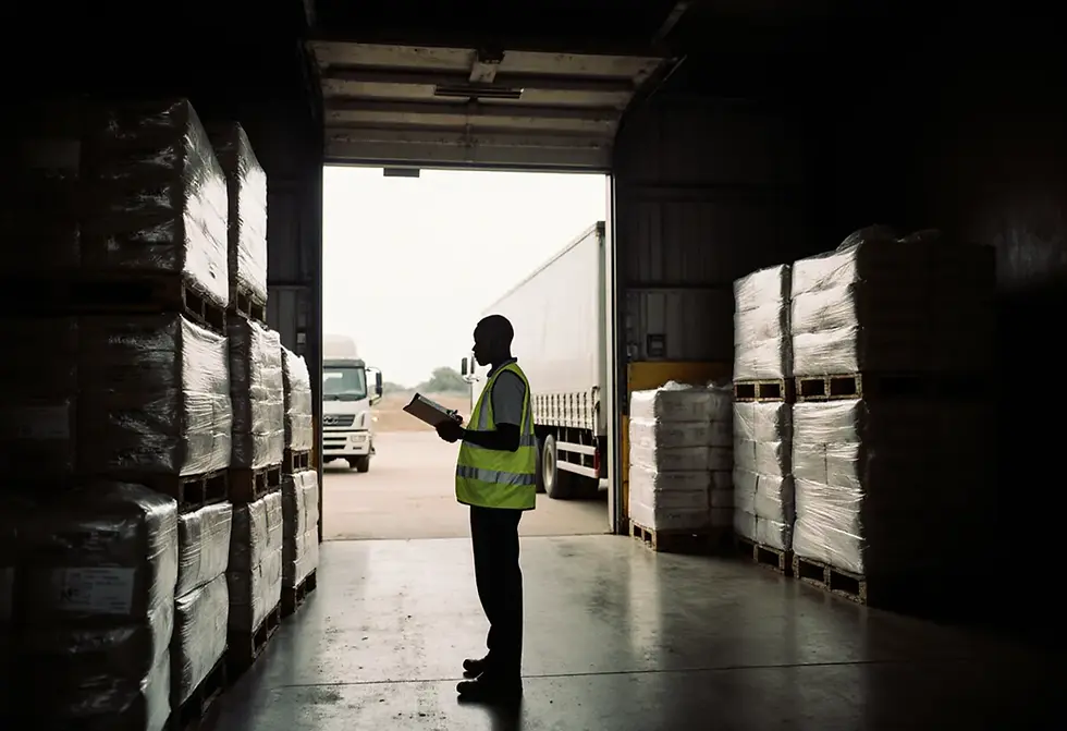 Humanitarian logistics warehouse in Juba stacked with relief supplies