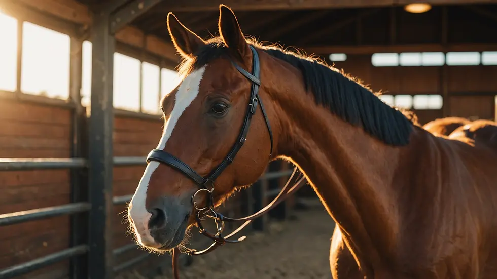 Close-up view of a racehorse in a stable, gleaming under the sunlight.