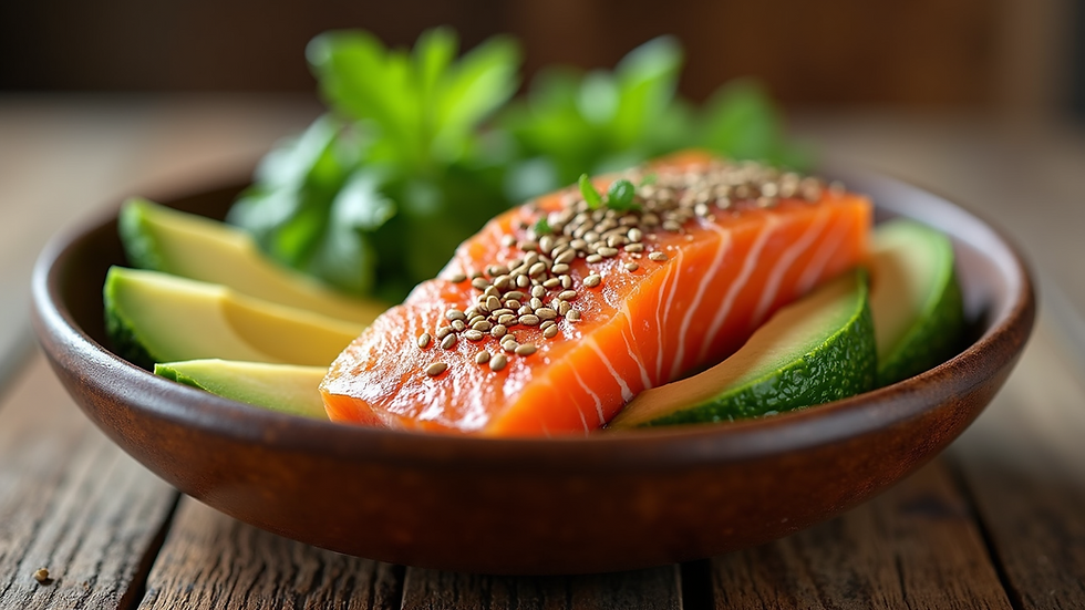 Close-up view of a bowl with flaxseeds, avocado slices, and salmon fillet on a wooden table