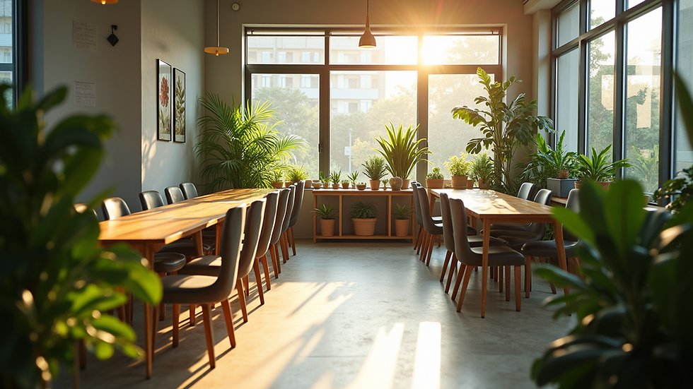 High angle view of a vibrant workplace filled with plants and natural light