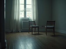 A dim, empty room with two wooden chairs facing each other near a window, creating a quiet and lonely atmosphere.