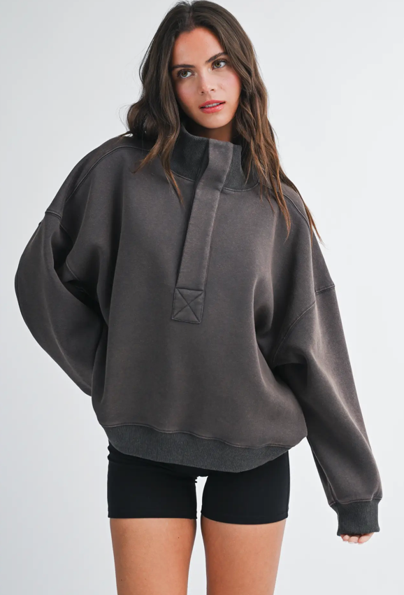 Oversized Snap Neck Pullover Sweatshirt, Charcoal