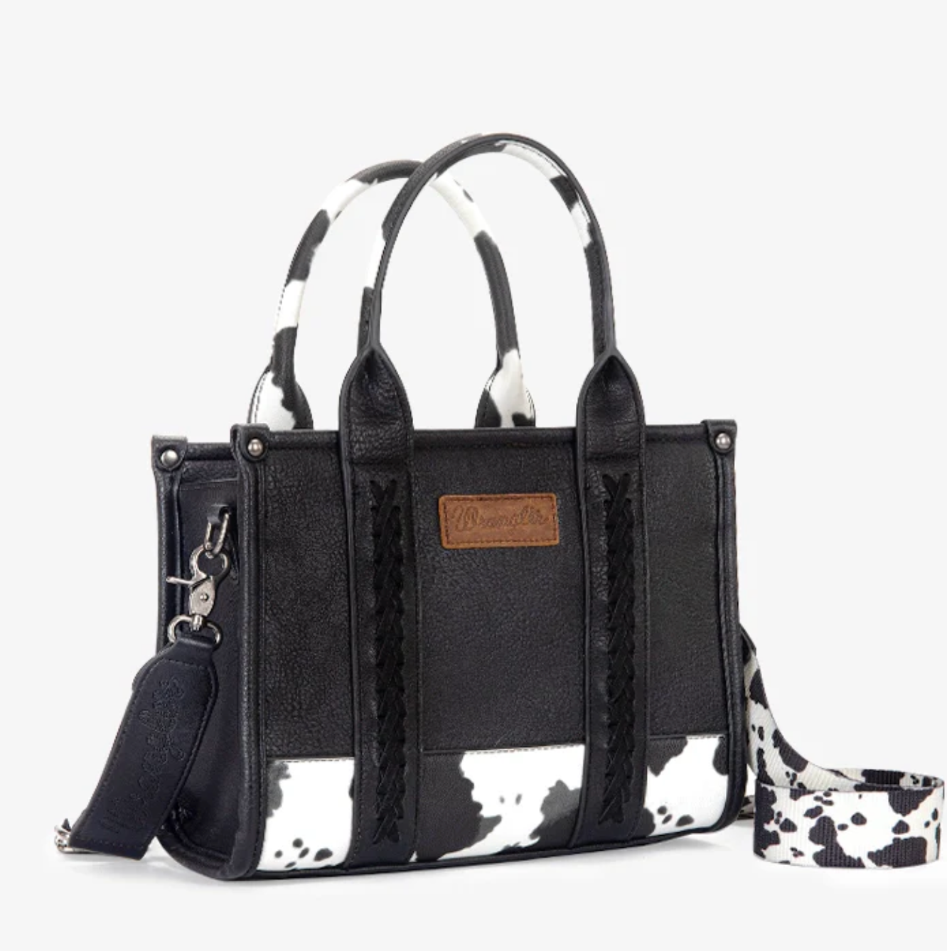 Cow Print Cross Body Tote Bag, Black