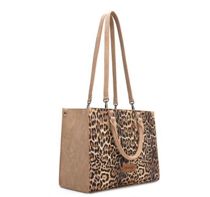 Thumbnail: Wrangler Leopard Print Wide Tote Bag/Crossbody Tan