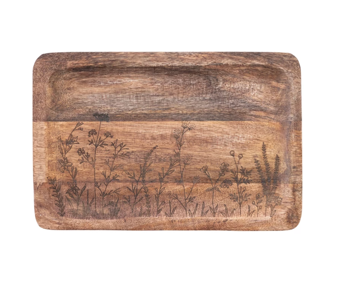 Rectangle Mango Wood Tray w/ Laser Etched Botanicals
