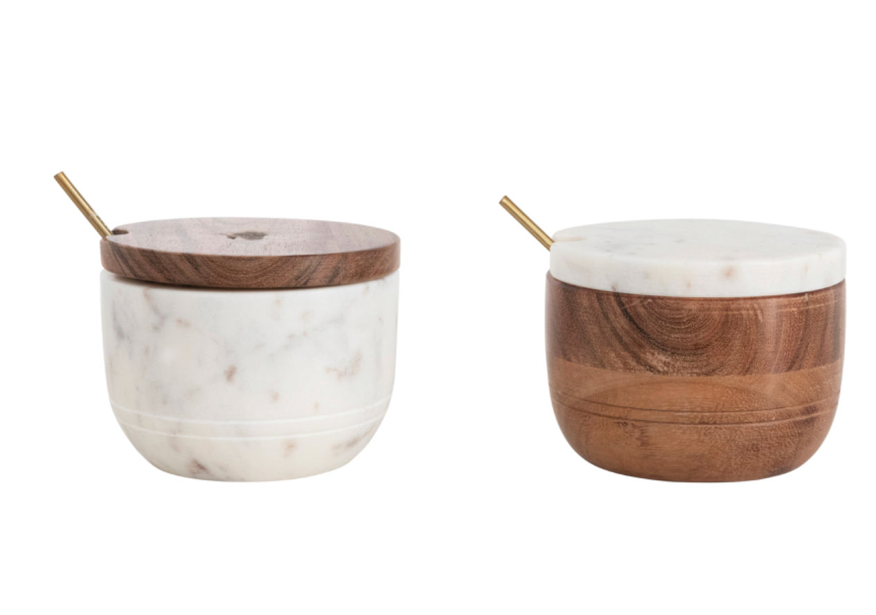 Marble and Acacia Wood Bowl with Lid and Brass Spoon