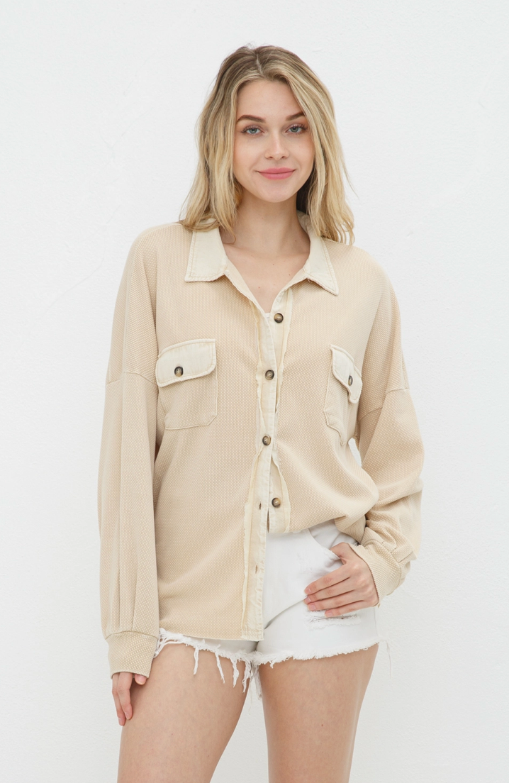 extured Knit Contrast Washed Frayed Button Jacket, Khaki