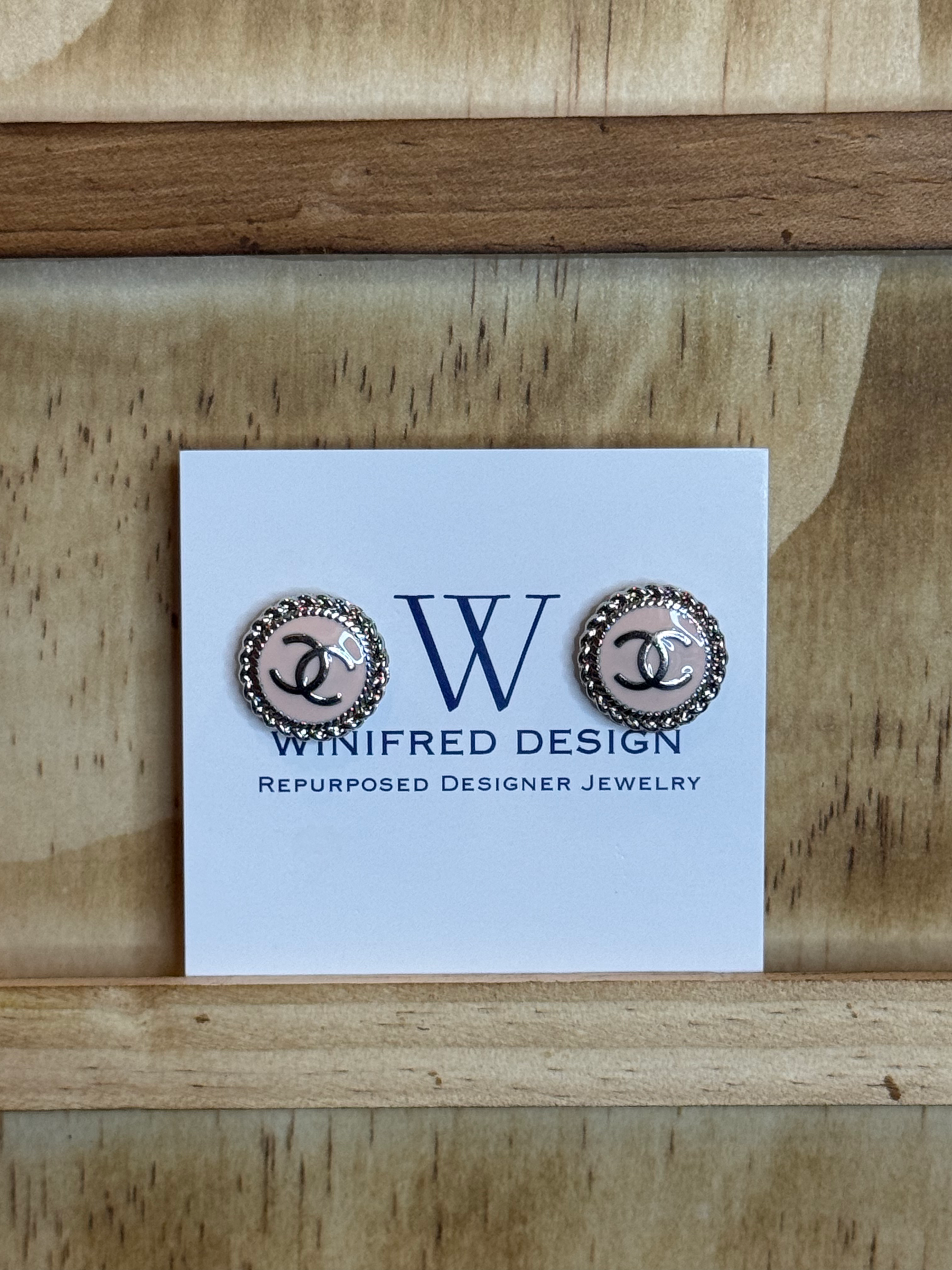 (45) Repurposed Vintage Designer Blush Enamel Logo Stud Earrings