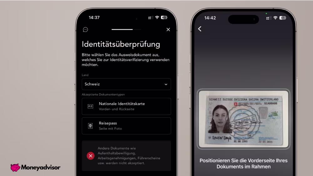 Alpian Kontoeröffnung Schritt Identitätsprüfung: Dokumenttyp wählen und Pass per Kamera scannen