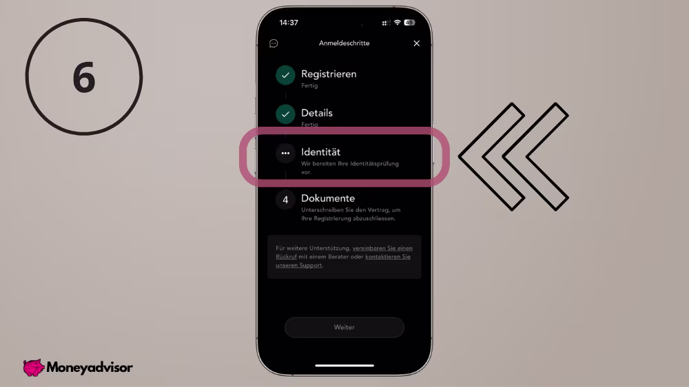 Schritt 6: Abschnitt ‚Identität‘ vorbereitet für Video‑ID im Alpian Onboarding“