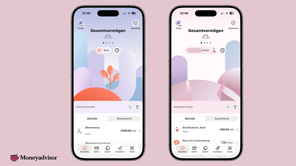 Vergleich zwischen privatem Yuh Konto und Yuh&Me Gemeinschaftskonto in der App.