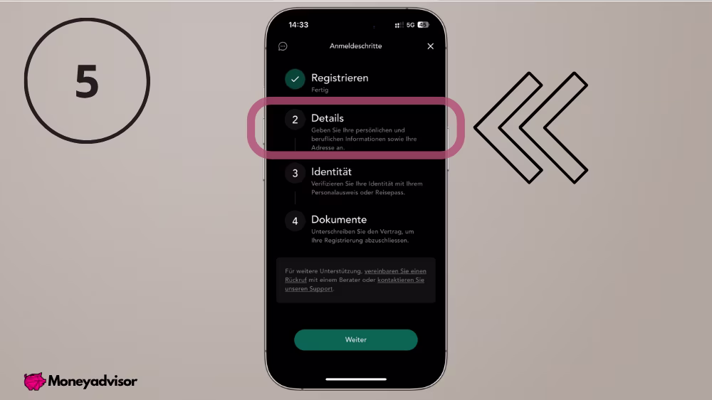 Schritt 5: Abschnitt ‚Details‘ im Alpian Kontoeröffnungs‑Workflow markiert