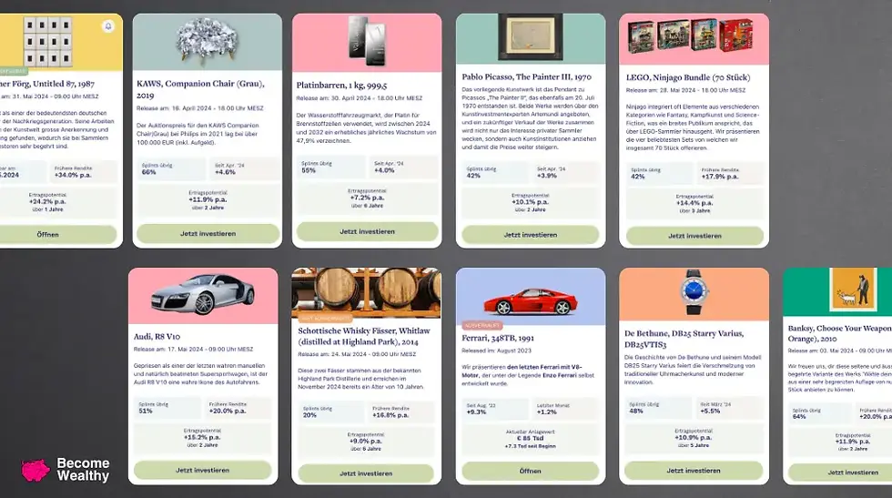Übersicht der verschiedenen Investitionsmöglichkeiten in der Splint Invest App, mit Optionen wie zeitgenössischer Kunst, Designer-Spielzeugen, Edelmetallen, Oldtimern und sammelbaren Whiskyfässern.