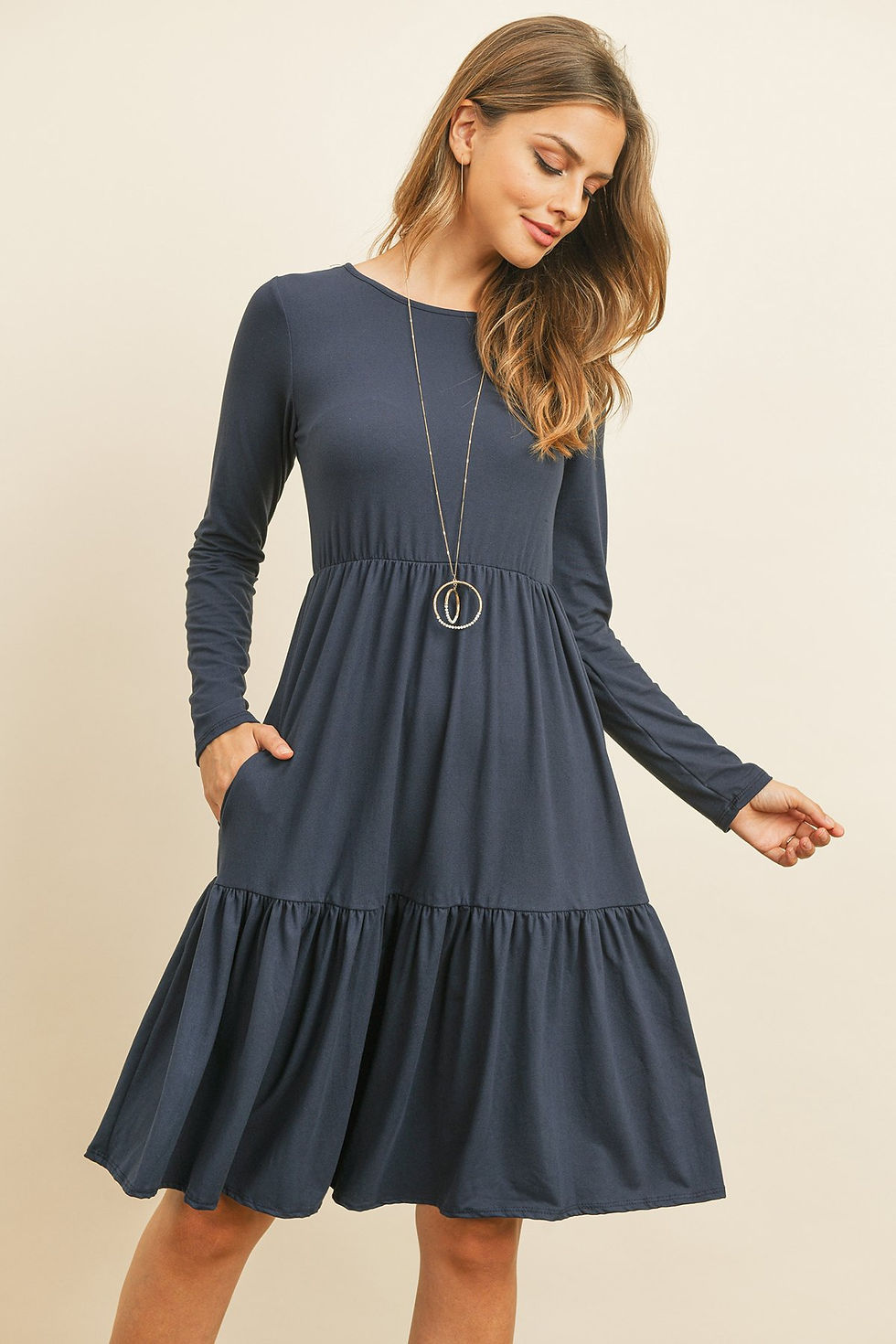 Thumbnail: Solid Long Sleeve Double Layered Ruffle Dress