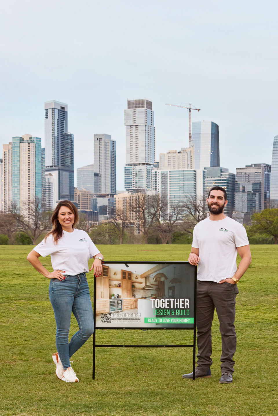 Small business owners standing together outdoors, relaxed branding photography in Austin