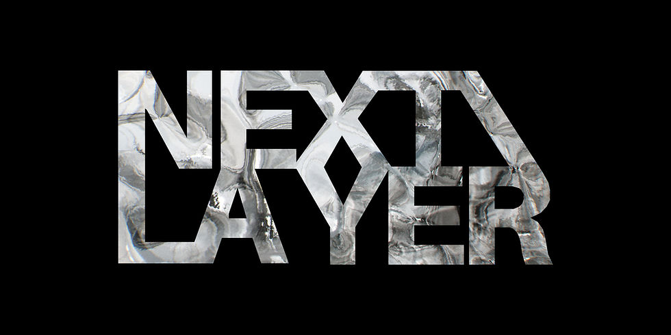 Liquid silver flows inside the letters of the NEXT / LAYER logo, on a black ground.