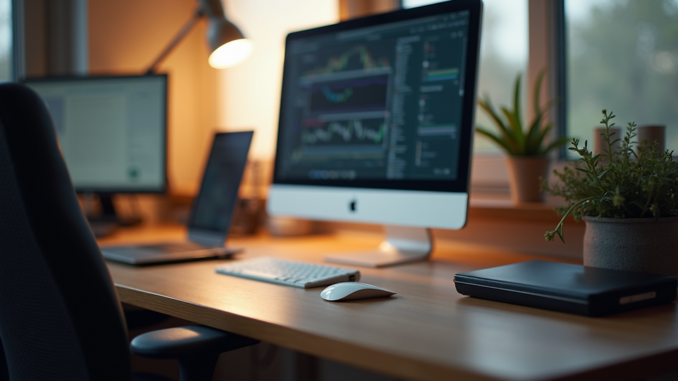 Eye-level view of a computer monitor on a desk with soft lighting