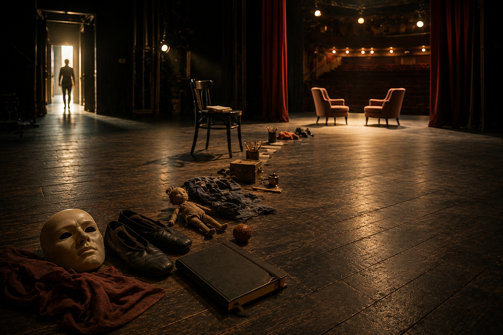 Sur une scène de théâtre vu des coulisses, une longue suite d'objets symbolisant les étapes à franchir avant de devenir dramathérapeute.