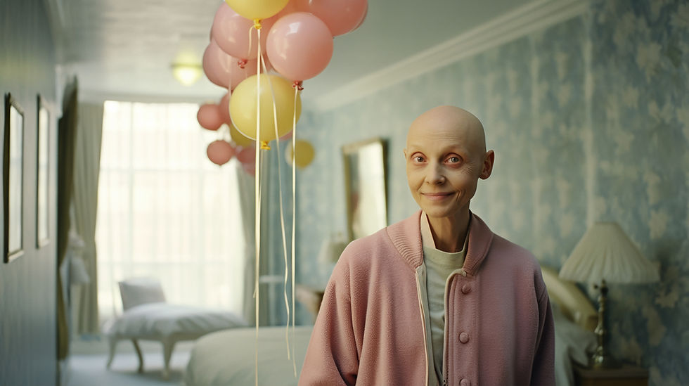 femme souriante qui nous regarde, elle n'a plus de cheveux. Des ballons à l'arrière-plan dans une chambre d'hopital