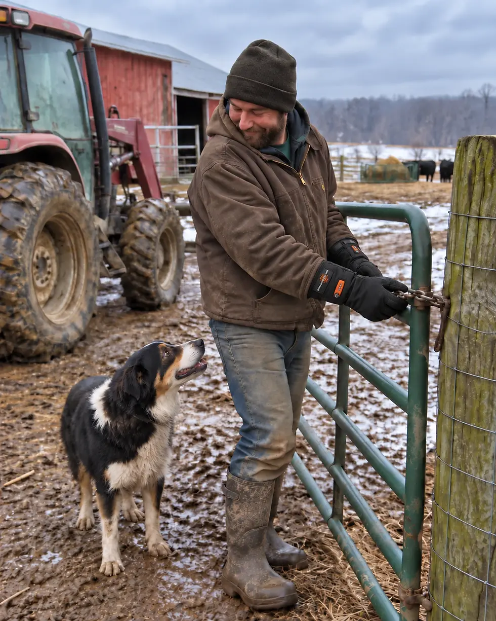 Farmer wearing California Heat heated gloves while fastening a livestock gate on a snowy farm.