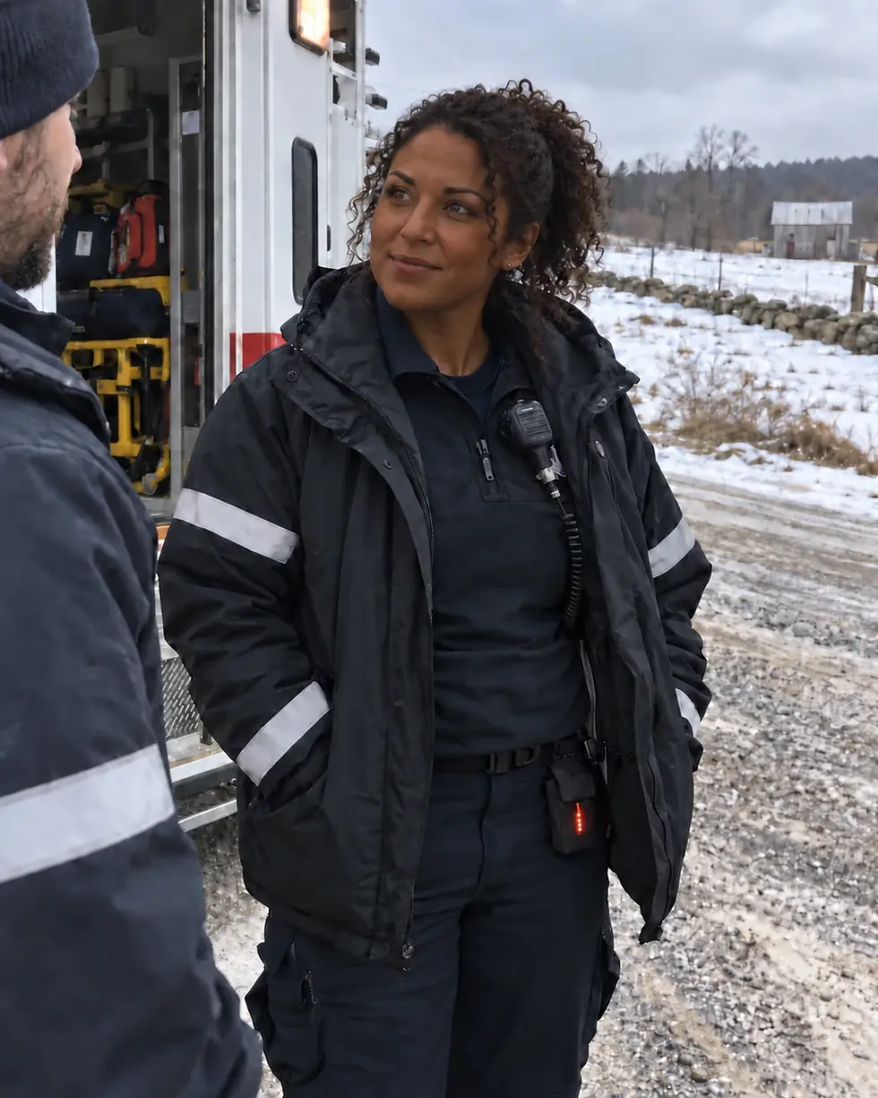 First responder beside an ambulance with a battery pouch for her heated base layer pants at her wais