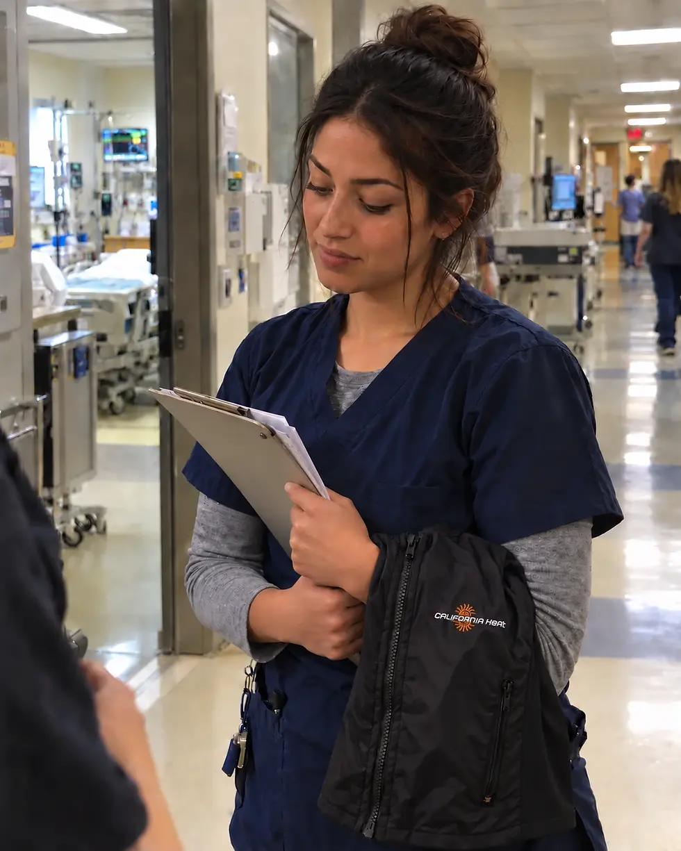 Healthcare worker reviewing paperwork with a California Heat heated vest draped over her arm.