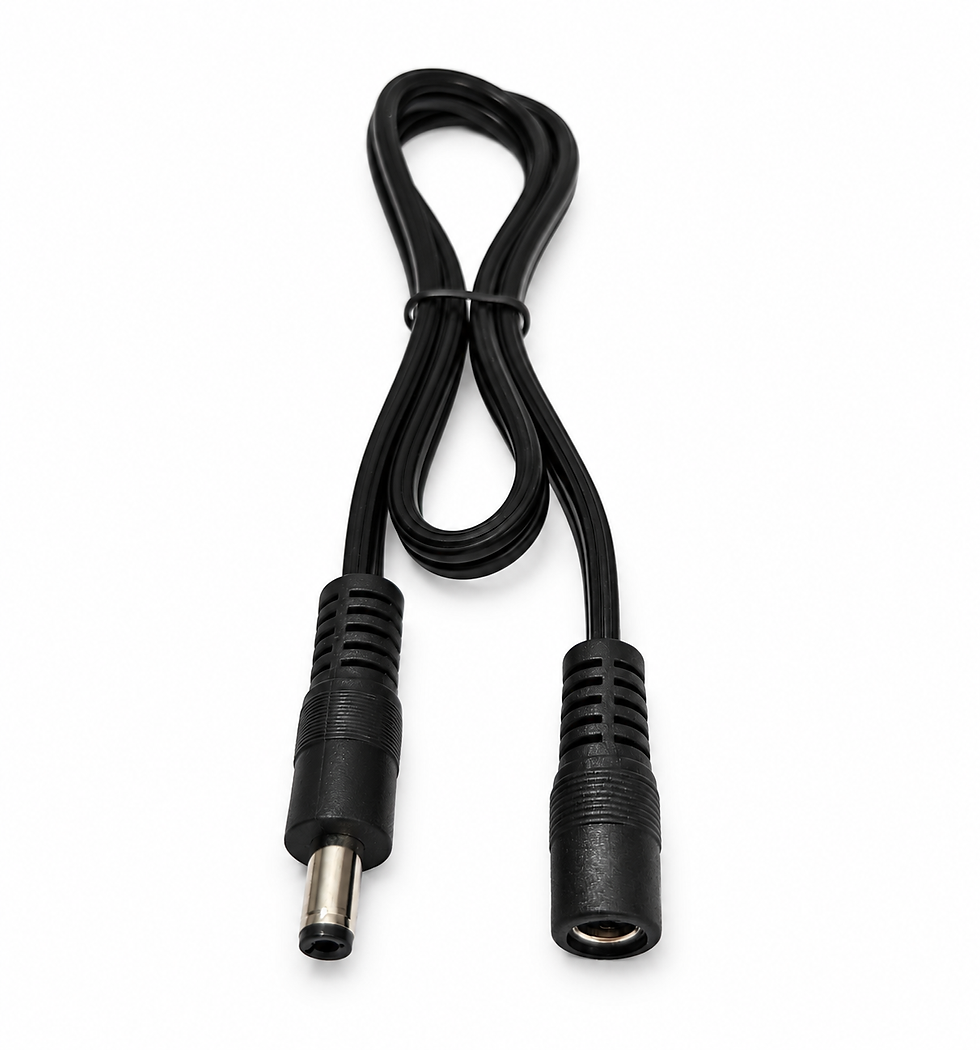 Coiled black 12V extension cable with DC connectors