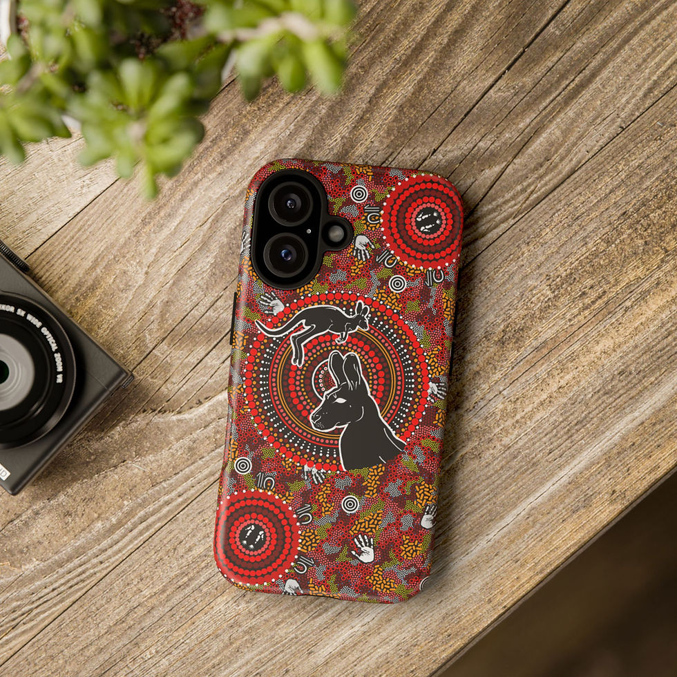 Thumbnail: Aboriginal art phone case with kangaroos, red design 