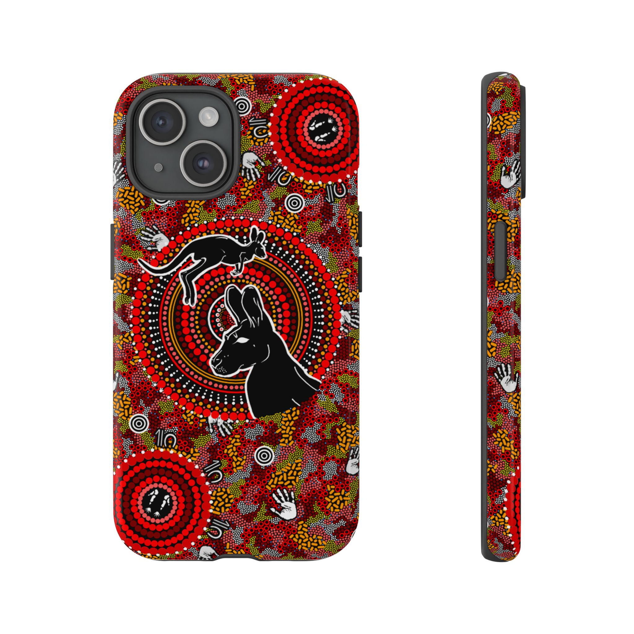 Aboriginal art phone case with kangaroos, red design