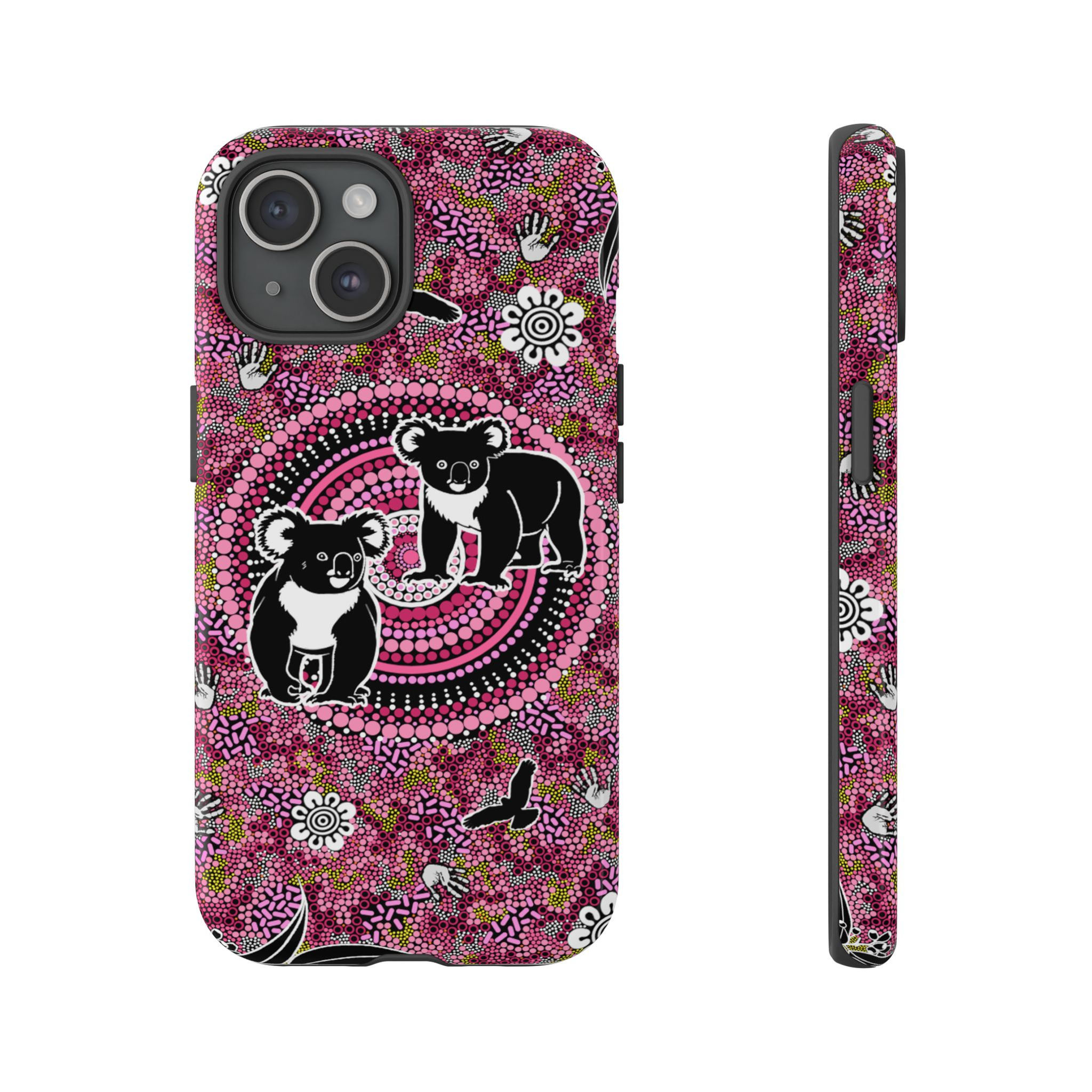 Aboriginal art phone case with two koalas on pink design