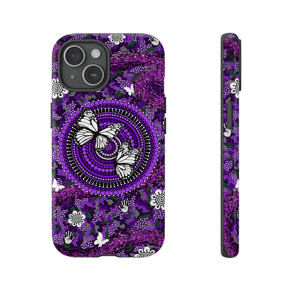 Aboriginal Art Phone Case, purple design with white butterflies
