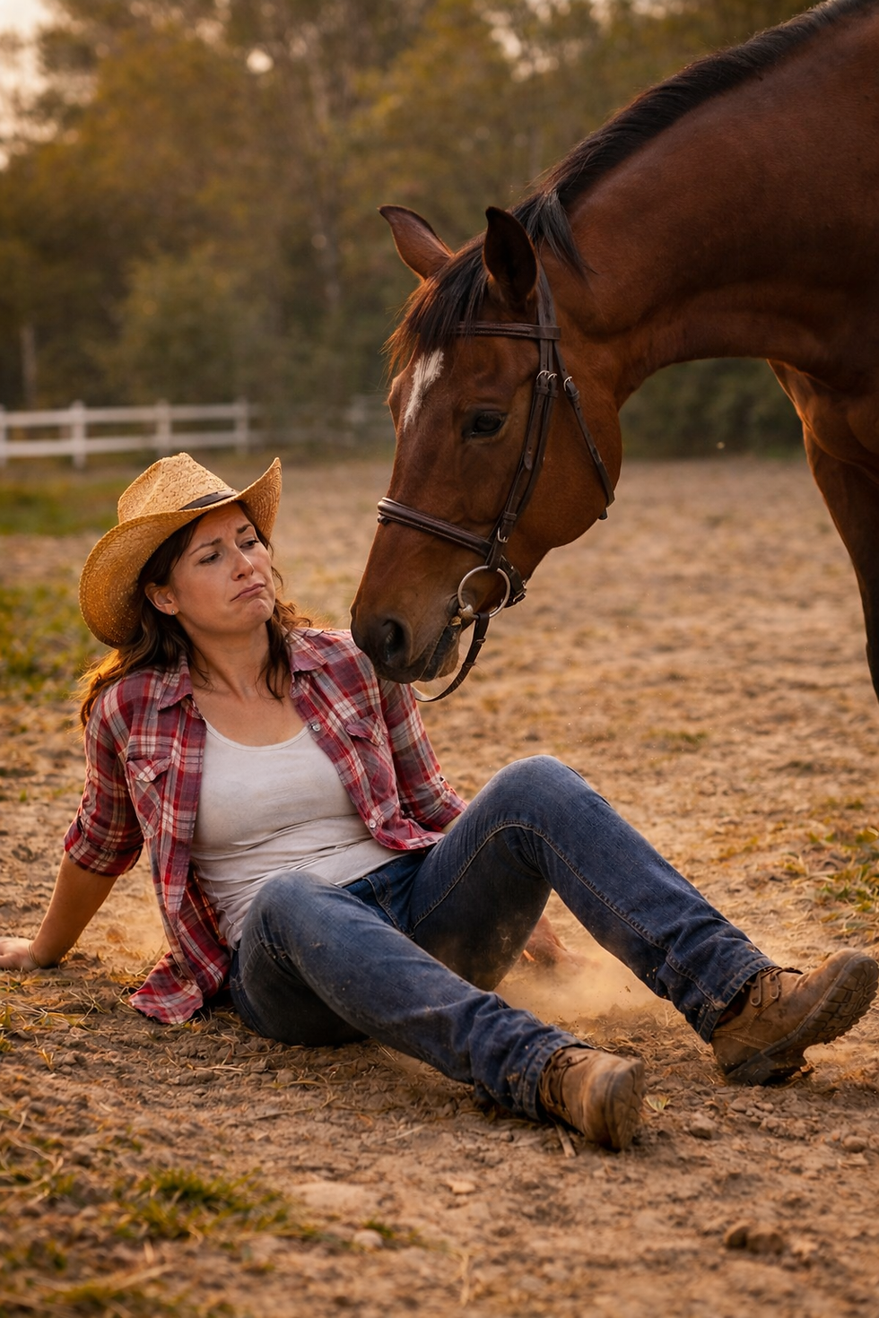 An AI generated image of a woman on the ground and her horse approaches to comfort her.