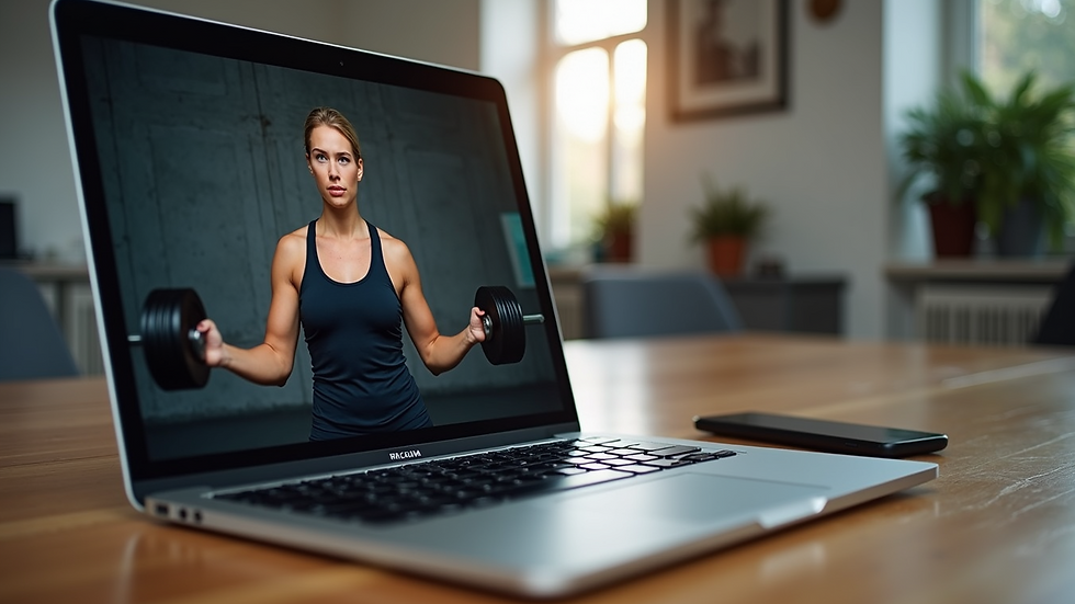 Eye-level view of a laptop showing a fitness coaching session