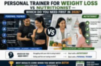 Personal trainer for weight loss vs nutritionist infographic, with split comparison and the text Which do you need first in 2023?