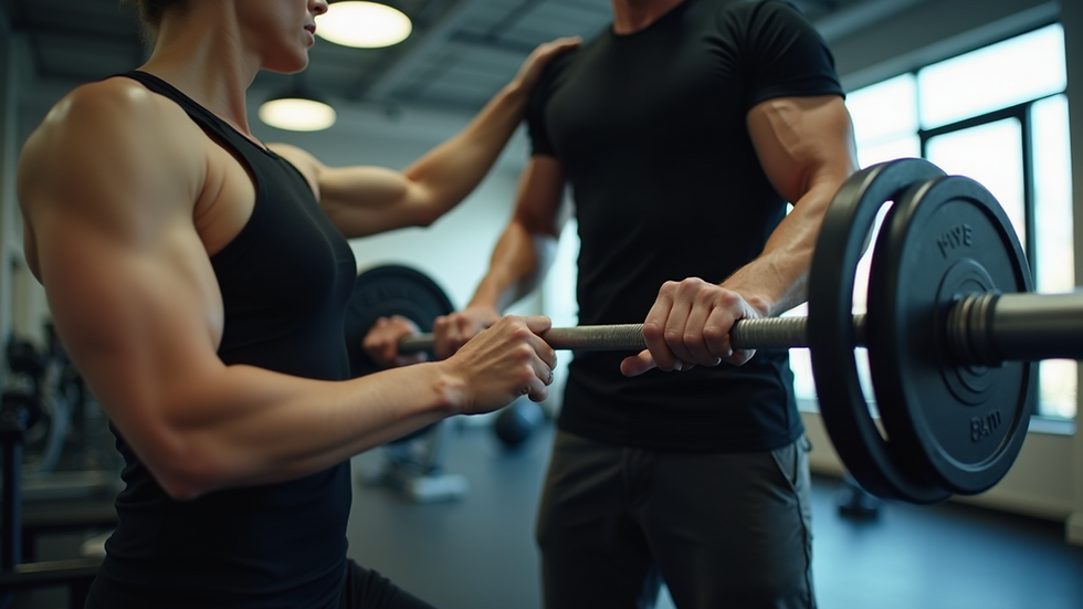 Close-up view of a personal trainer adjusting weights for a client in a gym