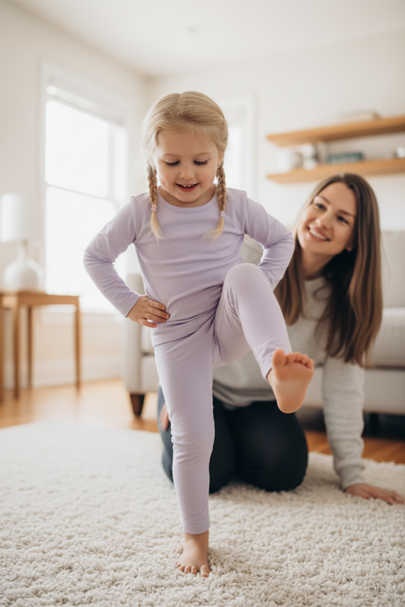 Mom and her 5-year-old daughter doing wall sits against a wall side by side barefoot