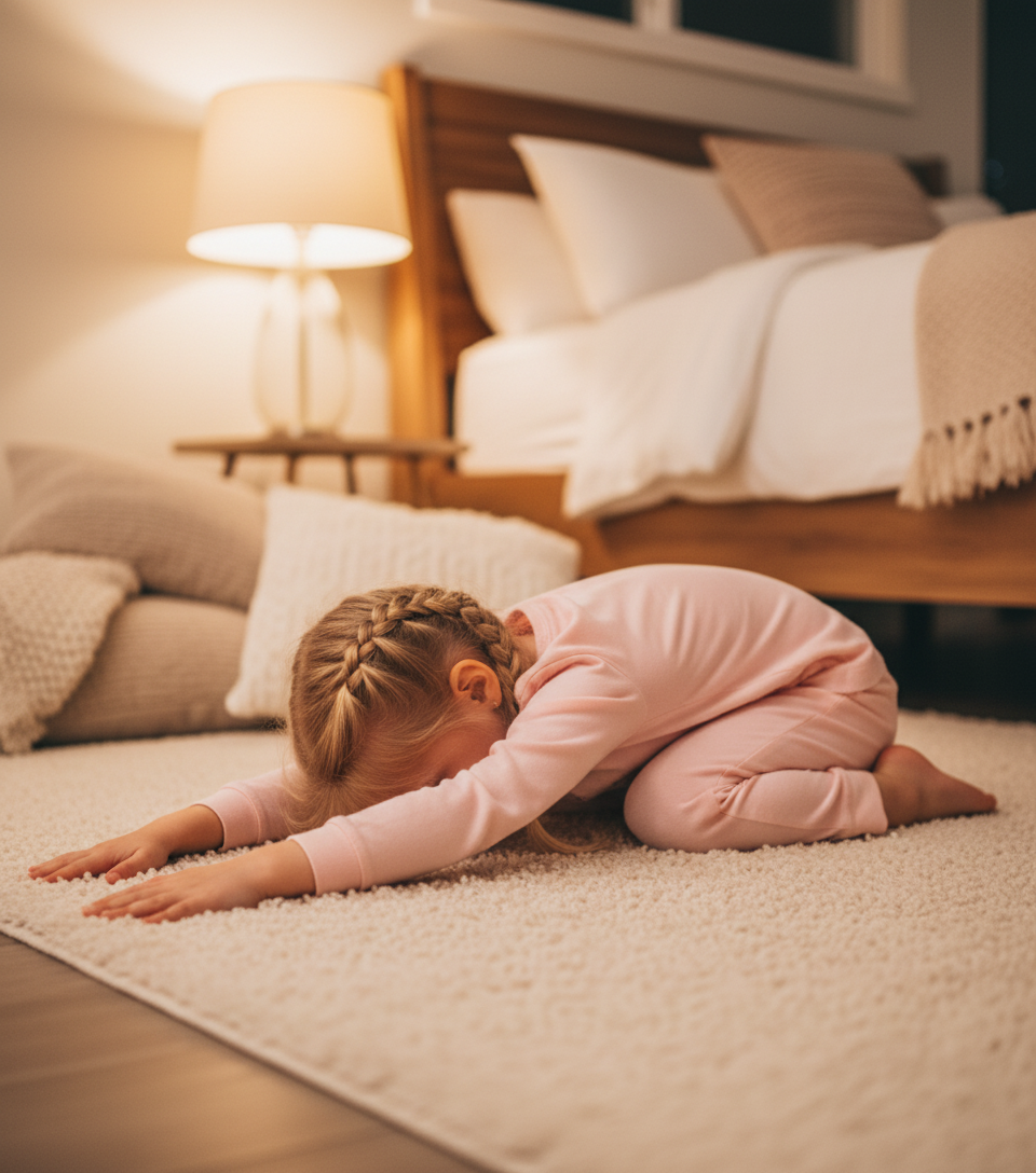 Young girl in child's pose on a soft rug with warm bedside lamp lighting