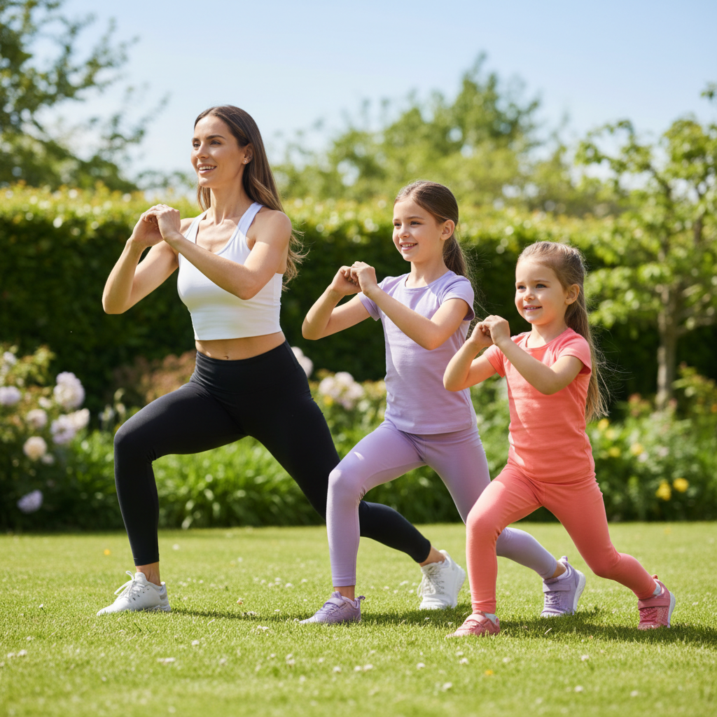 Mom and two kids doing walking lunges together in a backyard on a sunny day