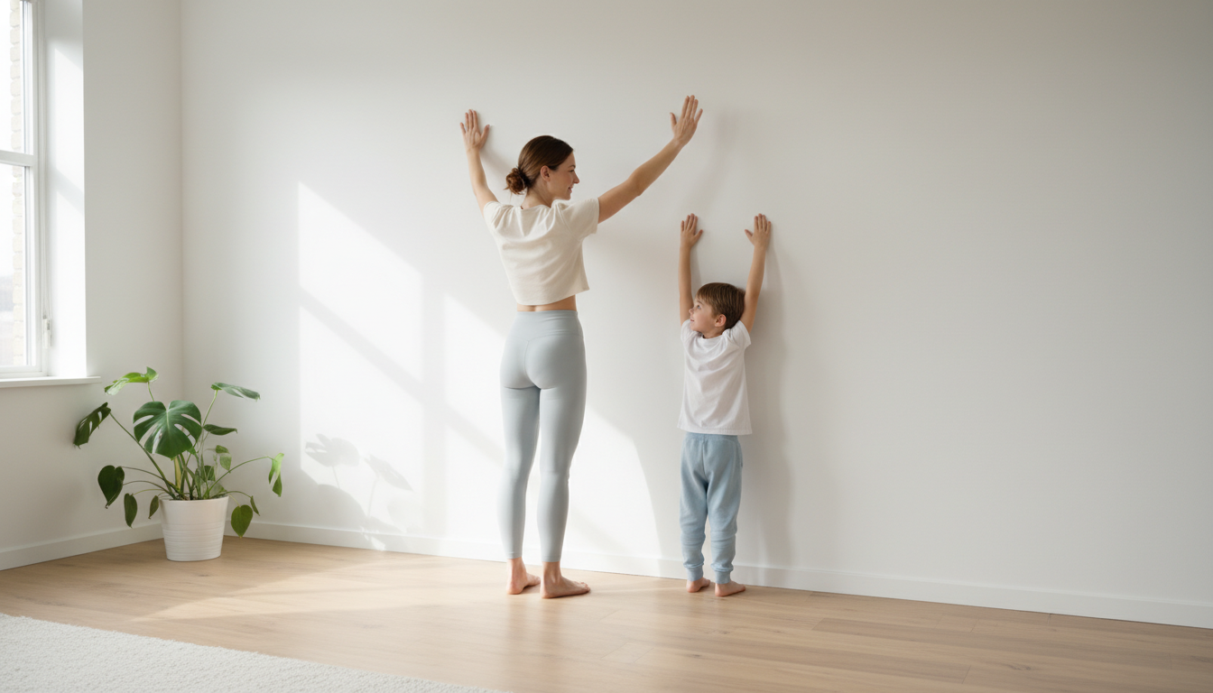 Parent and child doing wall angel exercise